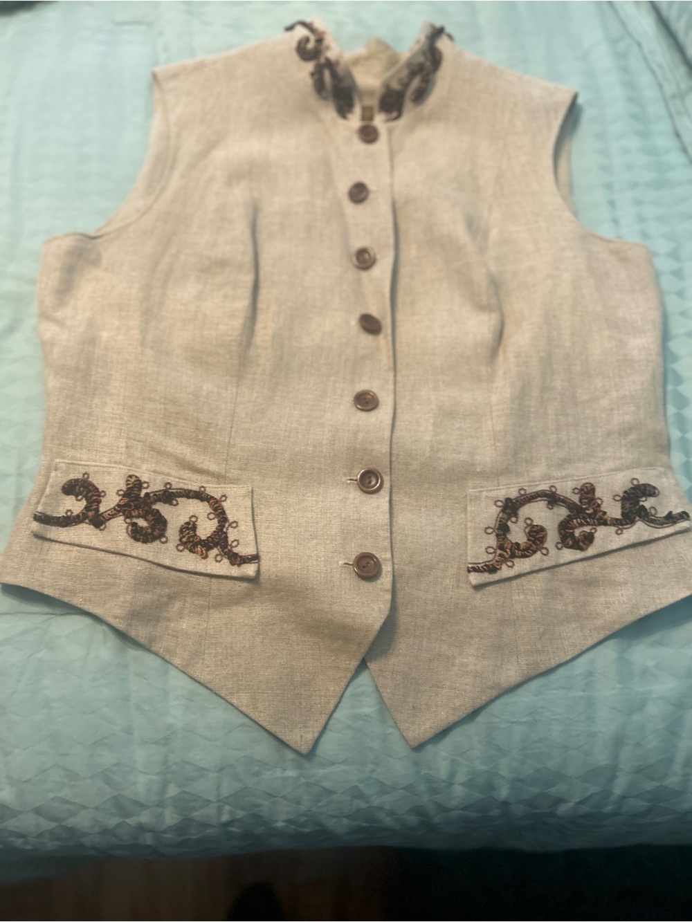 Vintage 90s Embroidered Linen-Blend Sleeveless Vest - Taupe Linen Fully lined.Lg